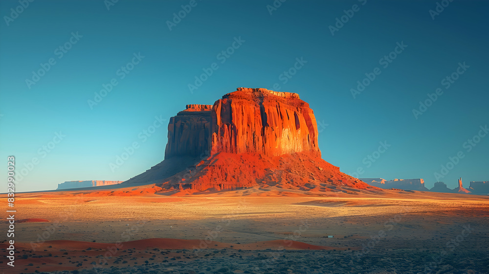 Naklejka premium A striking nature butte rising from the flat landscape, the sky clear and blue above