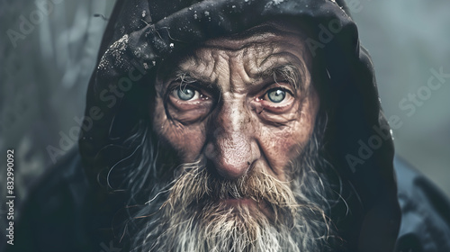 A close-up portrait of a homeless man staring into the camera on a rainy day, looking defeated and dirty, reflecting the concept of homelessness, hope, poverty, and sadness. photo