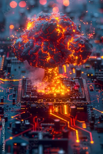 Neon Technographic Computerized Mushroom Cloud Erupting from Circuit Board with Intricate Electronic Circuitry photo