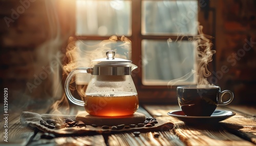 Hot Steam Tea in Tea pot and Cup photo
