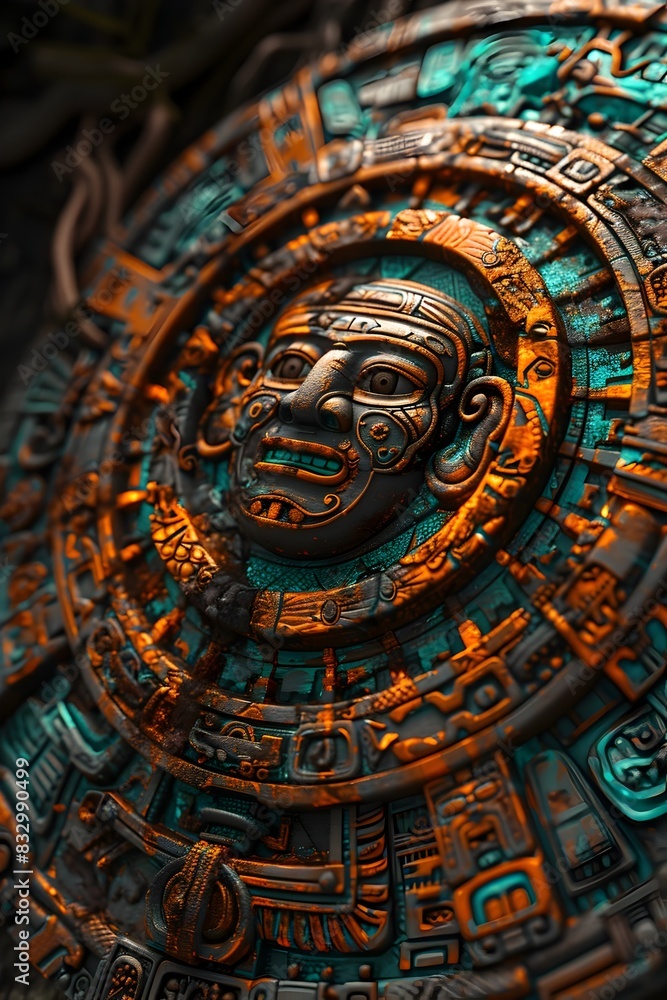 Obraz premium Ornate Mayan Calendar Stone Disc with Vibrant Spiraling Patterns and Symbols in Shadowy Environment