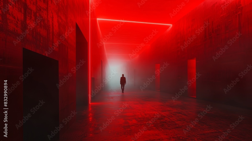Lone figure between crimson block structures, bathed in dim lights within a shadowy tunnel, with dense fog creating a mystical and enigmatic environment Lone figure between crimson block structures, bathed in dim lights within a shadowy tunnel, with dense fog creating a mystical and enigmatic environment