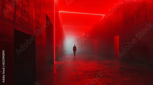 Lone figure between crimson block structures  bathed in dim lights within a shadowy tunnel  with dense fog creating a mystical and enigmatic environment