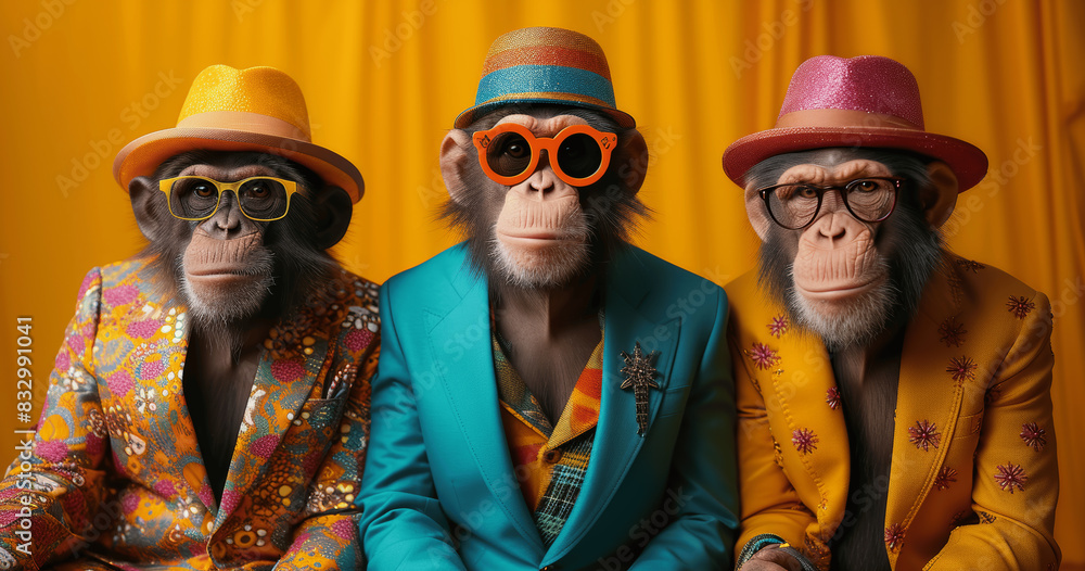 Obraz premium Vibrant Birthday Celebration with Three Monkeys in Colorful Suits and Stylish Glasses