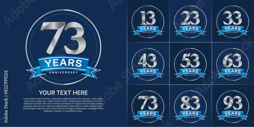 anniversary logotype set vector, silver color with circle and blue ribbon for special day celebration photo