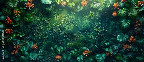 A tropical plants background unfolds beneath the canopy, featuring a diverse array of ferns, palms, and exotic blooms. © BlockAI