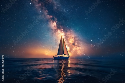 A lone sailboat navigating a vast, starry night sky with the Milky Way shimmering above