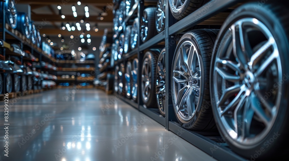 Neatly organized aluminum alloy wheels on stylish, clean shelving, modern design ready for immediate use, highlighting practicality Neatly organized aluminum alloy wheels on stylish, clean shelving, modern design ready for immediate use, highlighting practicality
