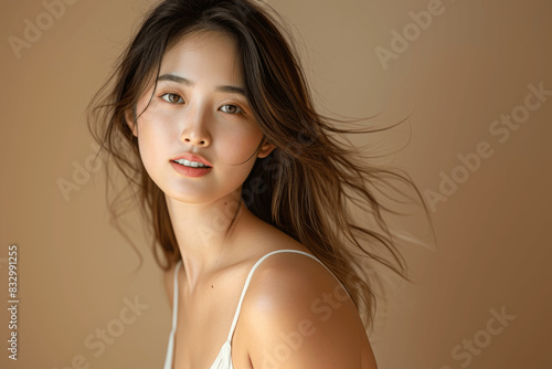 Dreamy Asian Woman with Flowing Hair in White Tank Top