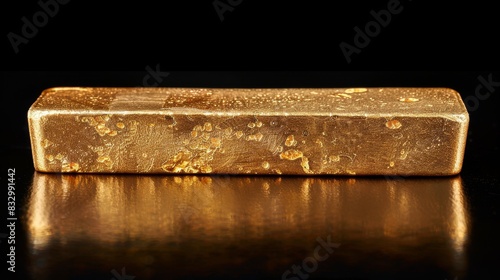 Isolated luxury gold bar in a studio setting, close-up view with dark background, highlighting its expensive, shiny surface