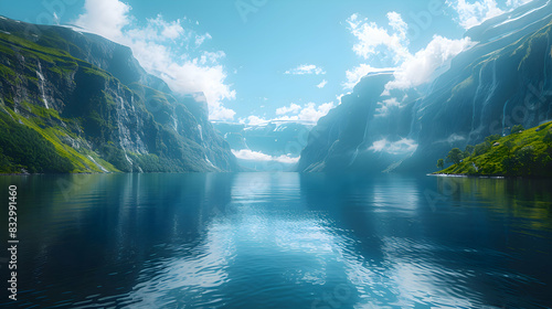 A stunning nature fjord with steep cliffs rising from the calm water  the sky clear and blue above