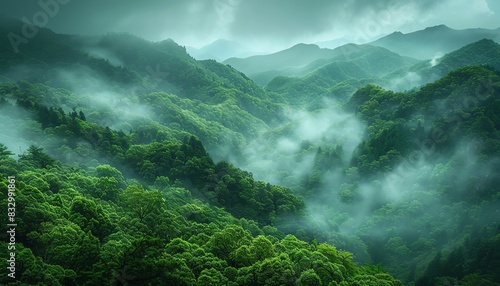 Natures Grandeur Imposing Mountains Veiled in Enigmatic Fog and Flourishing Flora