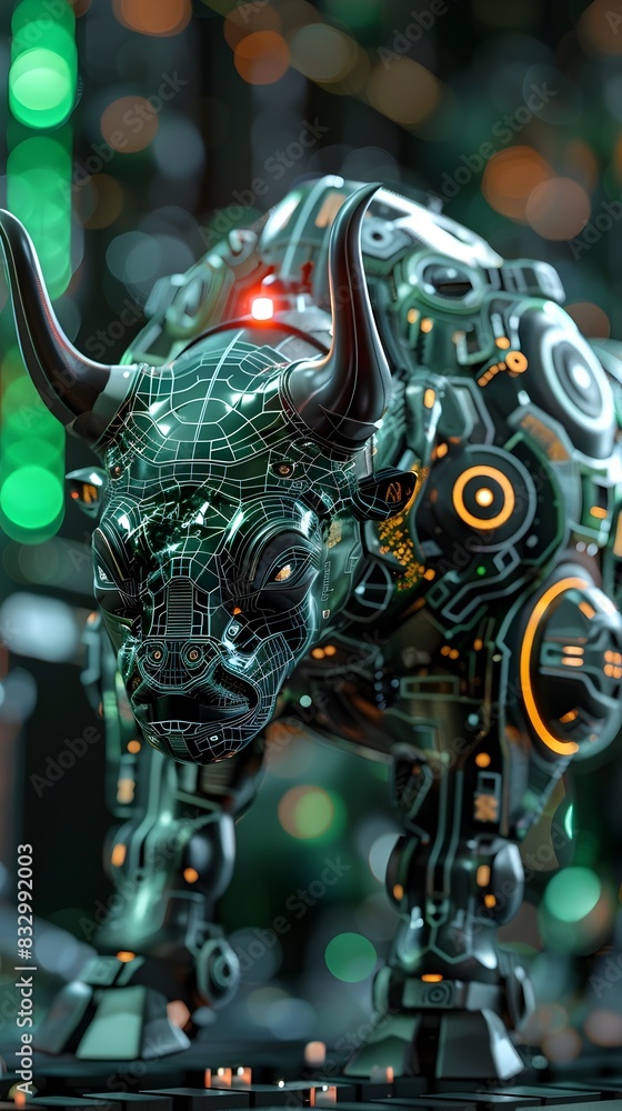 Robotic Green Animal with Danger Alert on a Financial Global Backdrop Robotic Green Animal with Danger Alert on a Financial Global Backdrop