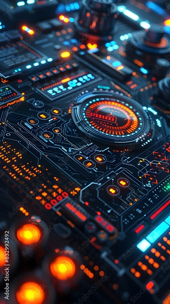 Fototapeta premium Sleek and Complex Cryptocurrency Trading Bot with Futuristic Algorithmic Visualizations and Real-time Market Data Display