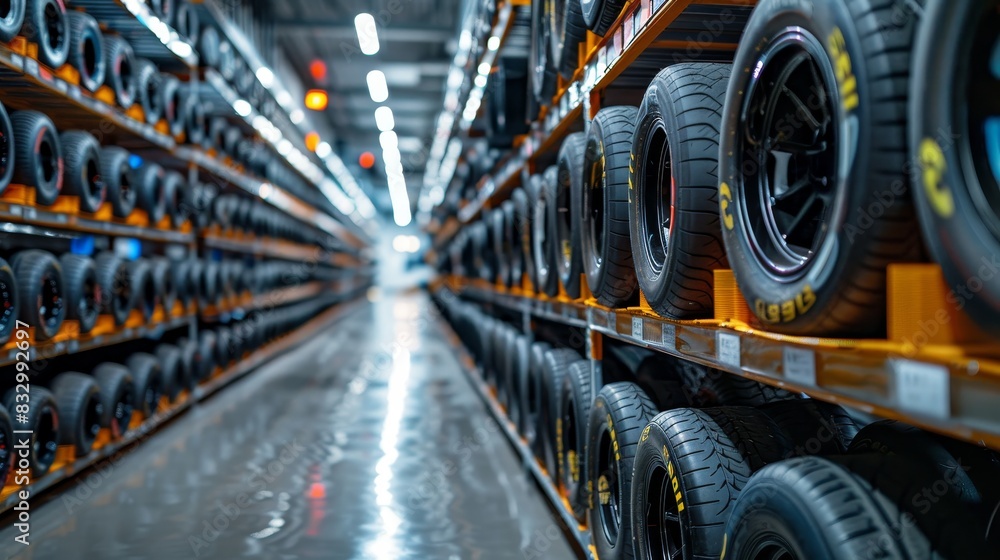 Organized tire storage shelving filled with brand new slick tires, each ready for competitive racing, in a modern, well-lit facility