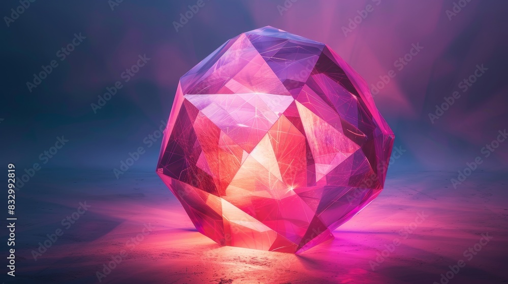 Polygonal lamp with a multifaceted design, bathed in digital pink and purple illumination, creating an abstract and futuristic look Polygonal lamp with a multifaceted design, bathed in digital pink and purple illumination, creating an abstract and futuristic look