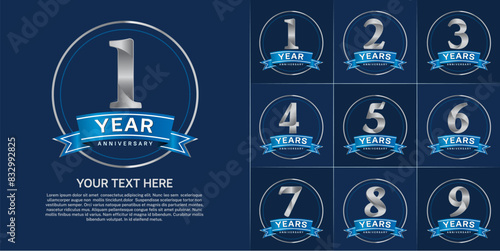 anniversary logotype set vector, silver color with circle and blue ribbon for special day celebration