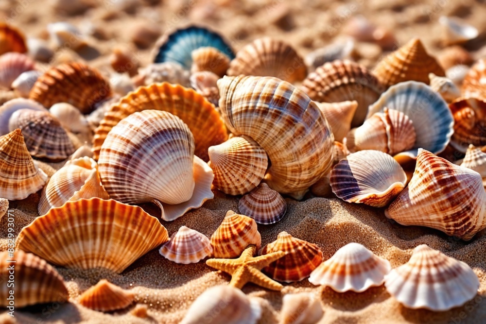 Summer tropical beach vacation concept background with seashells on sand next to ocean