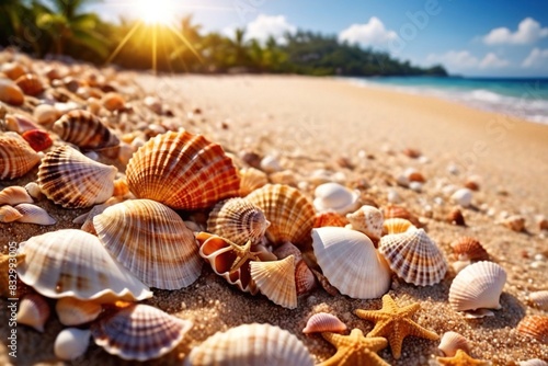 Summer tropical beach vacation concept background with seashells on sand next to ocean © Kheng Guan Toh