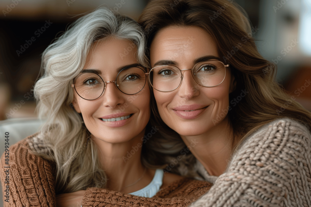 Joyful Senior Mother and Young Daughter Sharing a Laugh in a Close-Up Portrait at Home Joyful Senior Mother and Young Daughter Sharing a Laugh in a Close-Up Portrait at Home