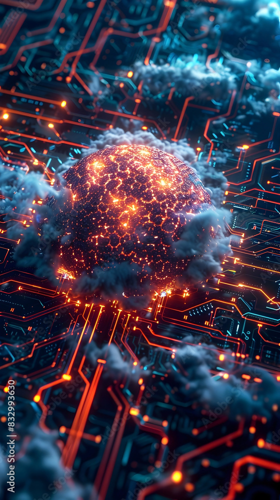 Technographic Mushroom Cloud Erupting from Circuit Board Maze Technographic Mushroom Cloud Erupting from Circuit Board Maze