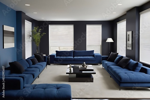  Living room in deep dark colors accent. Trendy blue interior in a minimalist modern style with navy furniture. Empty painted wall for art. Mockup design home lounge or hall office reception.3d render