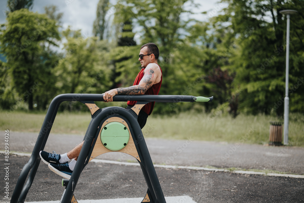 Fototapeta premium Tattooed man uses horizontal bars for stretching exercises in a quiet, urban green park, demonstrating a fit lifestyle.