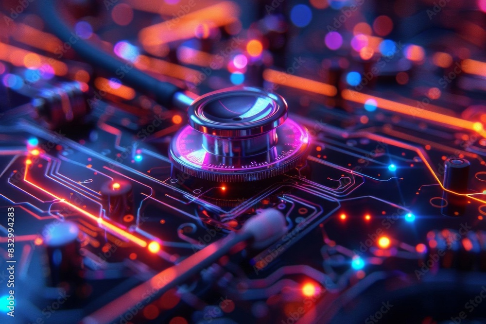 Close-up of a futuristic circuit board with bright neon lights and intricate wiring, presenting a high-tech, electronic technology concept. Close-up of a futuristic circuit board with bright neon lights and intricate wiring, presenting a high-tech, electronic technology concept.