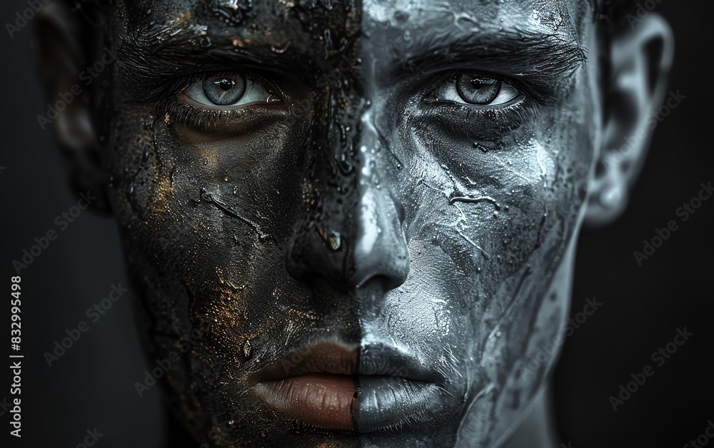 Explore the contrasting emotions depicted on each side of a mans face Explore the contrasting emotions depicted on each side of a mans face