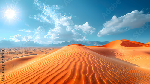 A vast nature desert with rolling sand dunes and a clear blue sky  the heat shimmering in the distance