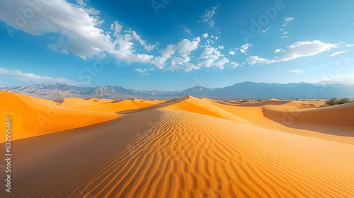 A vast nature desert with rolling sand dunes and a clear blue sky, the heat shimmering in the distance