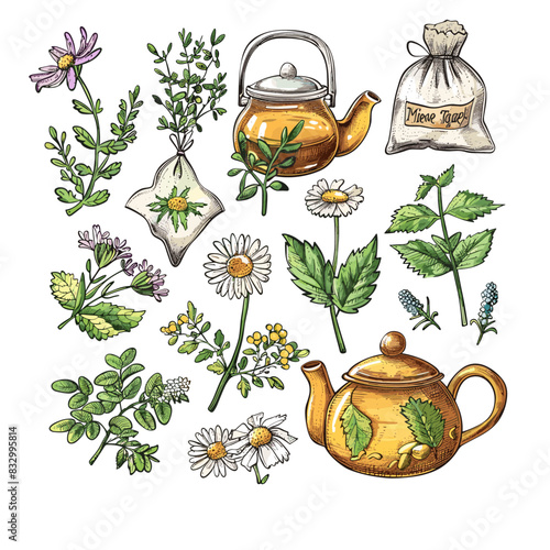 collection of loose colorful herbs and flowers arranged for tea brewing