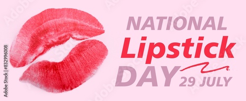 Red kiss mark on pink background. Banner for National Lipstick Day