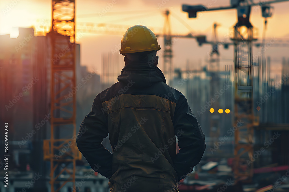 A construction worker in a work jacket and yellow hard hat stands with his back to the camera on a blurred background of a construction site with construction cranes. A construction worker in a work jacket and yellow hard hat stands with his back to the camera on a blurred background of a construction site with construction cranes.