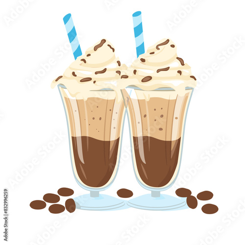 Two iced coffee milkshakes with whipped cream and straws