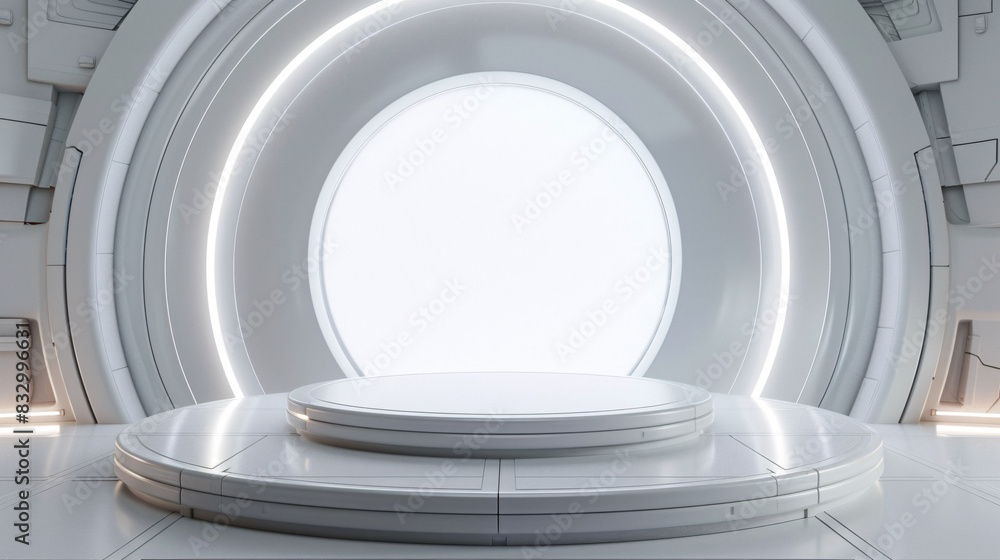 3d round podium with white glow room in futuristic spaceship background for display product presentation 3d round podium with white glow room in futuristic spaceship background for display product presentation