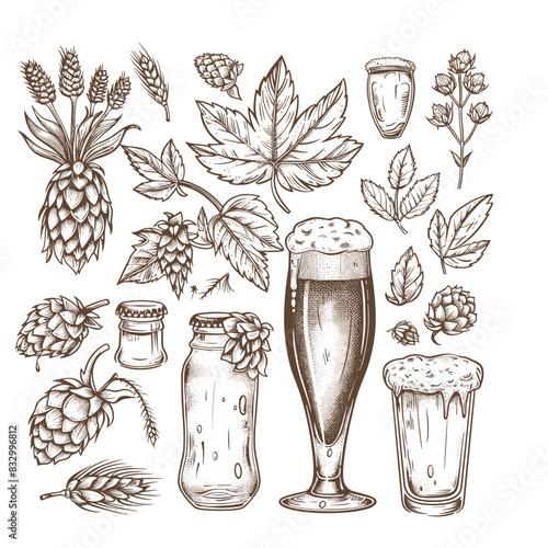 collage of drawings related to beer, including hops, wheat, and beer mugs