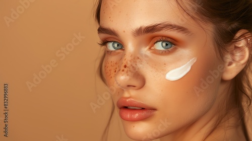 Young woman with cream on her face, a close up portrait of a beautiful girl model using a skin care product against