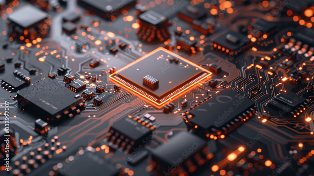 Close Up Shot of Processor Chip Computer Circuit Board with Orange Light Close Up Shot of Processor Chip Computer Circuit Board with Orange Light