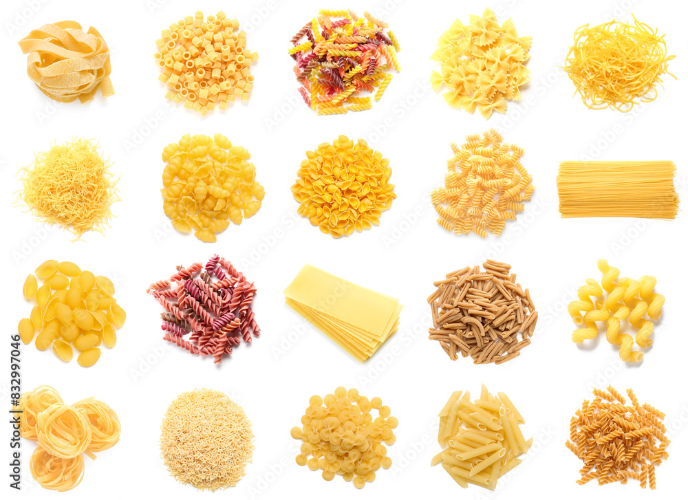 Collage of raw pasta on white background, top view Collage of raw pasta on white background, top view