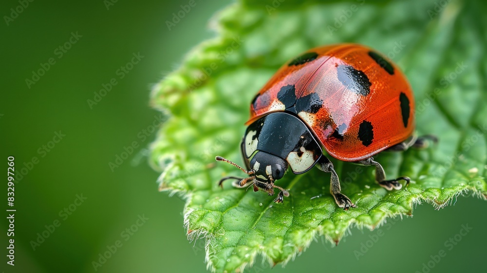 Small red-orange ladybug on a green leaf Small red-orange ladybug on a green leaf