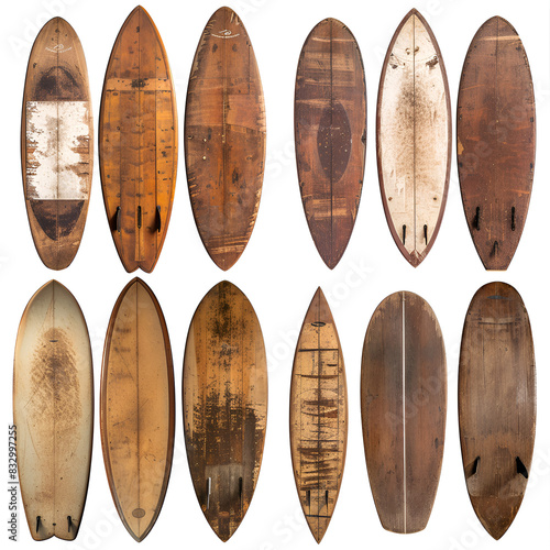 Collection of vintage wooden fishboard surfboard, generative ai photo