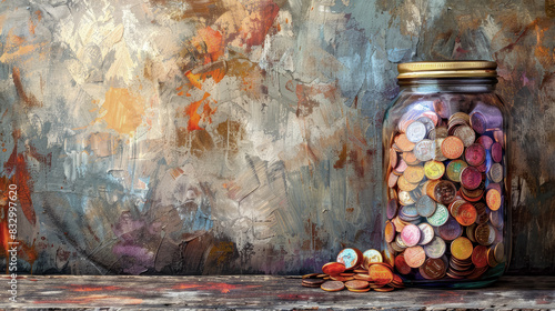 Coin jar against a colorful background, money finance wealth accumulation, hoard of hard currency
