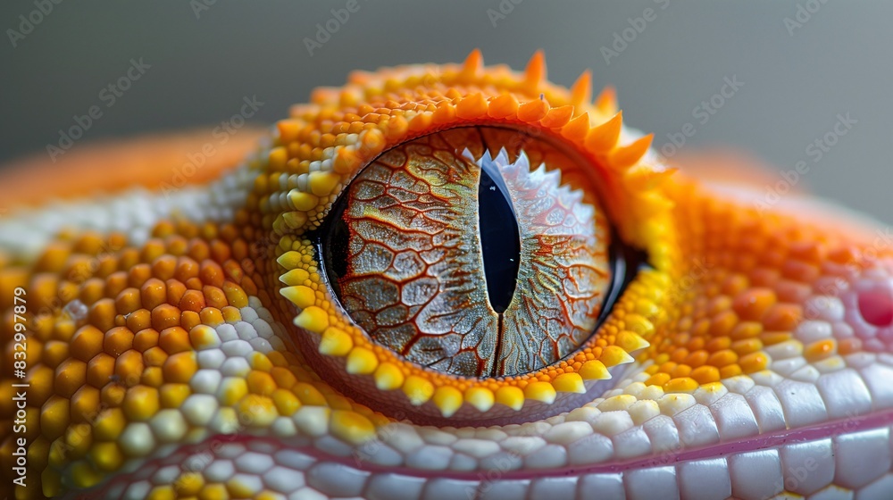 Fototapeta premium Extreme close-up of an impressive and beautiful gecko eye, scales, white, orange, silver, red.