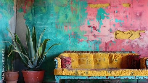 Colorful wall with cracked paint and bohemian design backdrop
