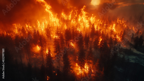 The aerial view of a devastating large wildfire with the trees burning and smokes in the air