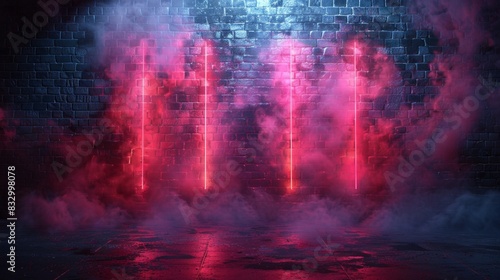 Neon-lit brick wall with atmospheric smoke in a dark street  creating a moody urban scene. AI Generative.