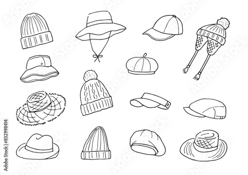 帽子のイラストセット（手描き）モノクロ（背景透過）
