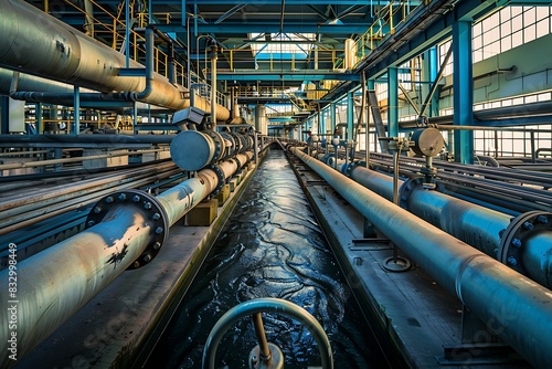 A massive, industrial-scale water treatment facility with pipes and tanks stretching far.