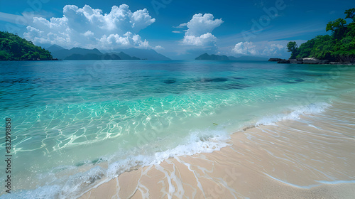 A vast nature ocean with crystal-clear blue water, gentle waves, and a pristine sandy beach